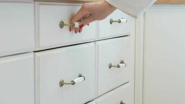 A woman is searching through kitchen drawers for the right cutlery. She opens and closes various kitchen drawers. Video with sound.