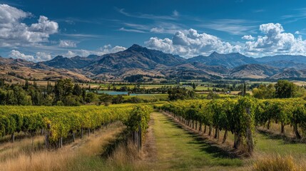 Scenic vineyard rows with green grapevines stretching towards distant mountains under a clear blue sky, rural agricultural land