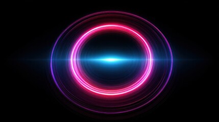 Abstract glowing neon rings and light streak against black background