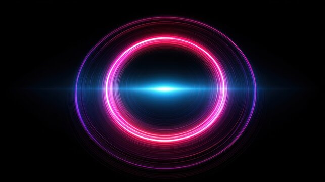 Abstract glowing neon rings and light streak against black background - Powered by Adobe