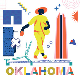 Typography word Oklahoma branding technology concept. Collection of flat vector web icons. American culture travel set, Memphis architectures, specialties detailed silhouette. Doodle famous landmarks.