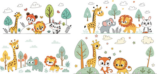 Cute Woodland and Jungle Animals Forest Scene Set for Kids
