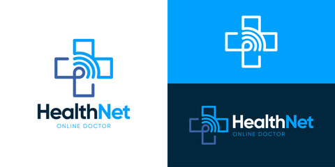 Creative simple health net logo template. Plus cross symbol with wireless signal for Online medical logo design vector illustration.