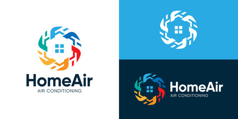 Creative simple home air logo template. Fan with home for heating cooling service logo design vector illustration.