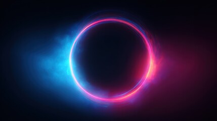Abstract glowing circle with blue and magenta light trails on dark background
