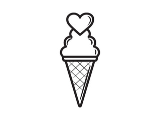 Cute Ice Cream Cone Heart Topping Simple Line Drawing