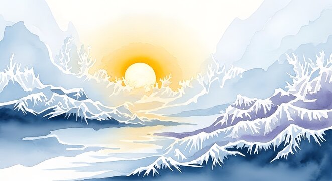 majestic golden sun rising over icy mountain peaks and snowy landscape for winter travel, seasonal greetings, nature views, and adventure blogs, with copy space