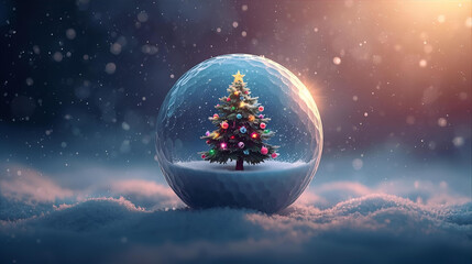 clear transparent golf ball snow globe with a christmas tree inside surrounded by evening snow ai