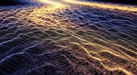 Abstract digital wave surface made of glowing particles in dark blue and gold light creating a futuristic background