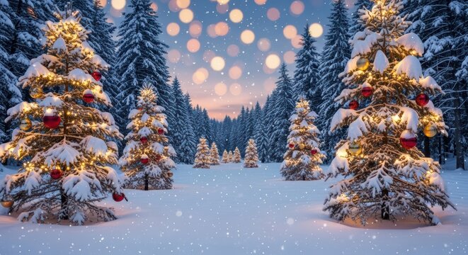 Magical Snowy Landscape with Decorated Christmas Trees at Twilight - Powered by Adobe
