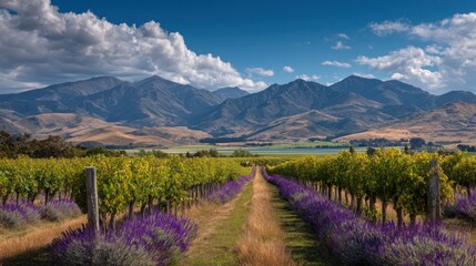 Scenic vineyard rows with vibrant lavender flowers leading to majestic mountains under a clear blue sky with fluffy clouds.