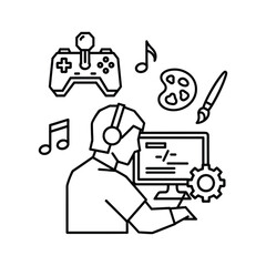 Creative person working on computer isolated on game development concept