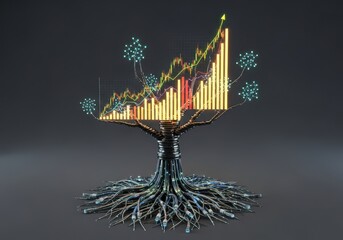 Digital growth tree with glowing financial charts and data connections