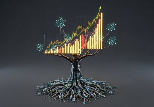 Digital growth tree with glowing financial charts and data connections