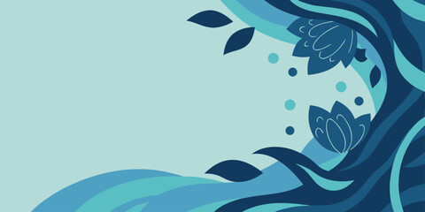 Obraz premium Abstract blue floral design with flowing waves and leaves on a light blue background