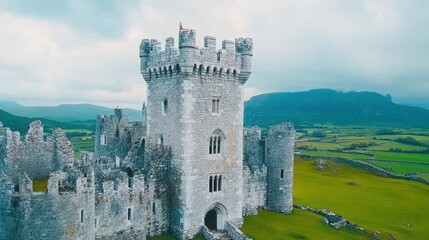 Ancient Fortress: A majestic, stone fortress stands as a testament to history. It is a symbol of strength and heritage, with the sky above casting shadows on the landscape. 