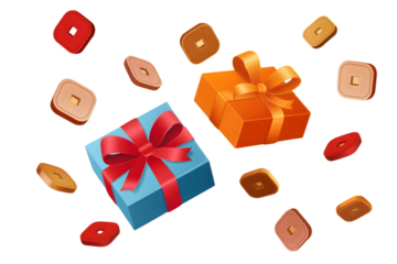 Two colorful gift boxes with ribbons and scattered abstract shapes isolated on transparent background