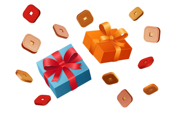 Two colorful gift boxes with ribbons and scattered abstract shapes isolated on transparent background