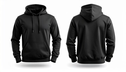 Black hooded sweatshirt with drawstring hood and kangaroo pocket, shown front and back on plain background.