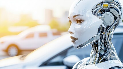 Advanced Android: A stunning futuristic android, poised with a contemplative gaze, merges seamlessly with a modern urban environment. Embodying advanced artificial intelligence.