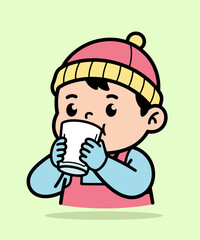 Cute Child Drinking Hot Chocolate Winter Beanie Cartoon Vector Illustration