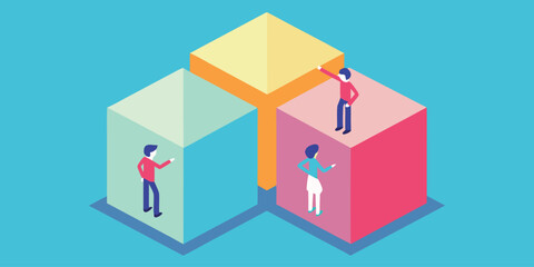 Isometric illustration of diverse people collaborating on a project with geometric blocks