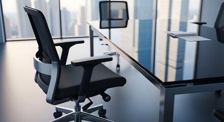Modern office interior with desks chairs and computers in a contemporary workspace