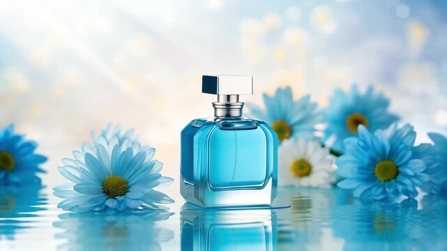Blue perfume glass bottle resting on water, surrounded by blue daisy flowers and a soft, dreamy spring glow in gentle pastel motion video