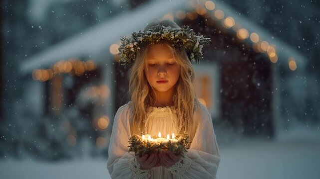 Festive Nordic Portrait of Girl with Candle Wreath in Soft Winter Light
