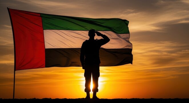 Uae flag day celebration with soldier saluting at sunset