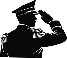 Silhouette of a military officer saluting in formal uniform as a symbol of honor service and patriotism with epaulettes and a traditional hat ideal for graphic design projects