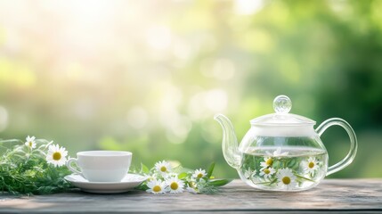 Fototapeta premium Serene Tea Time: A tranquil image featuring a transparent teapot and a white teacup with saucer, filled with chamomile tea and flowers, set upon a weathered wooden surface, with a gentle.
