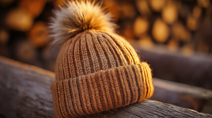Cozy brown knitted winter hat with fluffy pom-pom resting on rustic wooden logs in warm natural light
