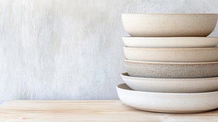 Stacked Ceramic Tableware: An elegant arrangement of ceramic bowls and plates, neatly stacked atop a wooden surface, showcasing minimalist design and a touch of rustic charm. 