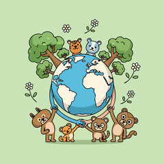 Cute cartoon animals embracing a vibrant planet earth surrounded by lush trees and delicate flowers celebrating environmental unity and nature's