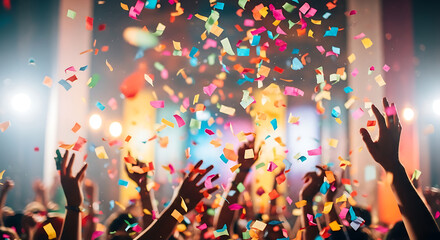 Celebrating the Joy A Vibrant Crowd with Confetti and Raised Hands at a Festive Event