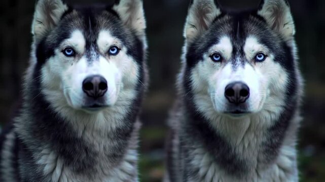 Two Huskies staring at camera with forest backdrop, one open mouth, possibly for advertising