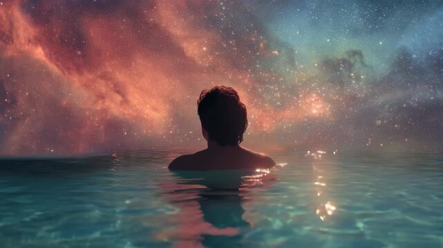 Surreal rear view of a person immersed in water, gazing at a cosmic scene filled with vibrant colors and stars at night