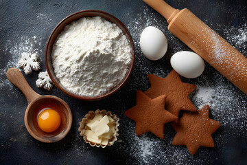 Baking Ingredients on Dark Background with Flour, Eggs, and Gingerbread Cookies