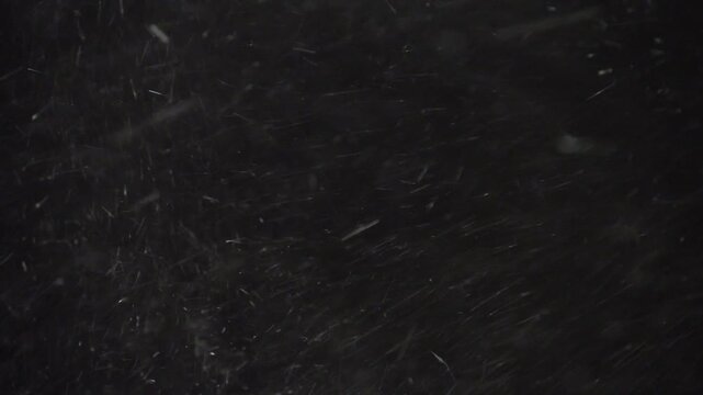 Authentic Winter Snowstorm Footage Featuring Fast Snowflakes Moving In Strong Wind Over Black Background, Ideal For Compositing And Film Production.Realistic Snow Blizzard Overlay On Dark Background 