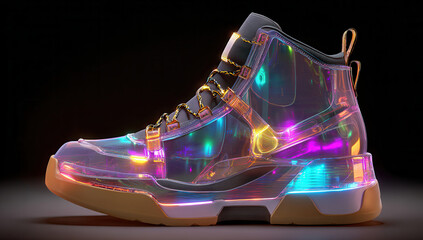 Colorful transparent sneaker displayed against a dark background showcasing modern design and vivid light reflections