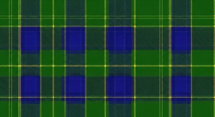 Traditional scottish tartan pattern featuring bold green, yellow, and deep blue intersecting lines creating a classic plaid textile design
