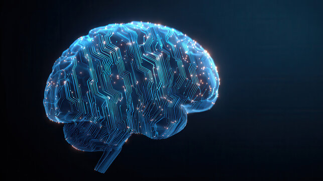 Digital brain illustration showcasing neural connections and circuitry in a futuristic design - Powered by Adobe