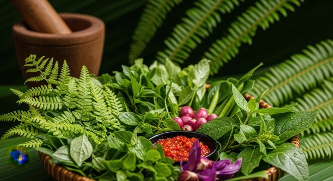 Fresh Bruneian Ulam &ndash; Vibrant Rainforest Herbs & Vegetables with Sambal in Woven Sago Basket, Lesung Mortar & Pucuk Paku Fern in Lush Rainforest Light 