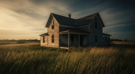 Abandoned Weathered Farmhouse in Golden Hour Prairie Field