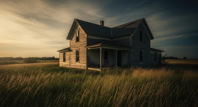 Abandoned Weathered Farmhouse in Golden Hour Prairie Field