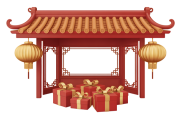 Traditional chinese pavilion with golden lanterns and red gift boxes isolated on transparent background
