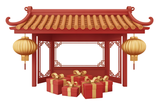 Traditional chinese pavilion with golden lanterns and red gift boxes isolated on transparent background