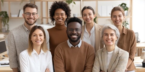 Diverse professional team smiling confidently in modern office, reflecting unity, success, and a positive workplace culture, ready to collaborate and innovate