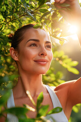 A serene woman smiles gently while surrounded by green foliage, illuminated by soft sunlight, capturing a moment of tranquility in nature.